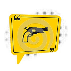 Black Revolver gun icon isolated on white background. Yellow speech bubble symbol. Vector