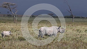 Black Rhinoceros, diceros bicornis, Female with Calf, Nakuru Park in Kenya,