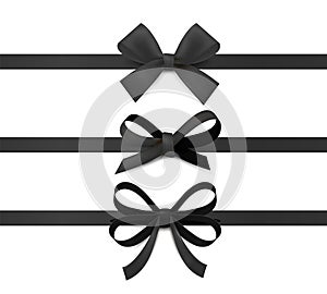 Black ribbon bows. Silk ribbons with decorative bow gift decoration collection. Realistic elegant festive tape for black