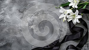 a black ribbon and white lily flowers arranged on a grey concrete surface, the poignant symbolism of the sad flag in