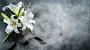 a black ribbon and white lily flowers arranged on a grey concrete surface, the poignant symbolism of the sad flag in