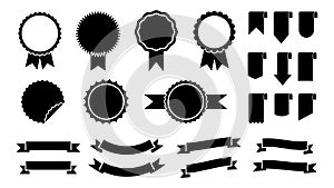 Black ribbons and badges, winner rosettes graphic silhouettes. Isolated decorative ribbon for banners, flyers. Business