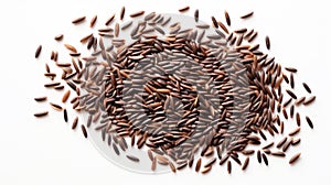 Black rice grains on white background. Top view. Wild rice texture. Ideal for food and nutrition related content. Ideal