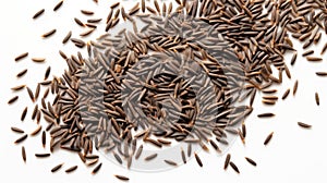 Black rice grains on white background. Top view. Wild rice texture. Suitable for food and nutrition related content
