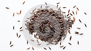 Black rice grains on a white background. Top view. Wild rice texture. Suitable for food and nutrition related content