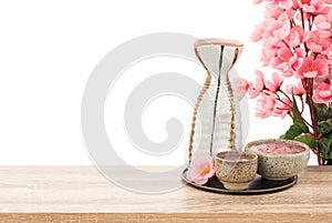 Black Rice or Oryza sativa are fermented to make Amazake, sake or rice wine isolated on white background