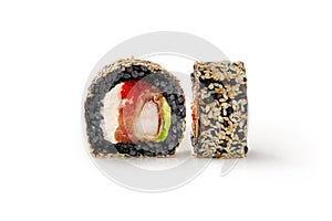 Black rice sushi roll with shrimp tempura on white background