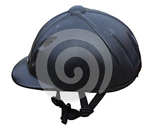 Black riding helmet. Isolated jockey protection on white background.