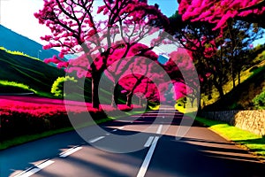 A black road both sides is surround by pink flower trees in a hilly area.