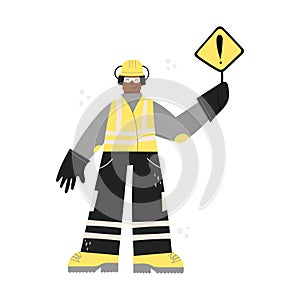 Black road construction Worker with danger sign