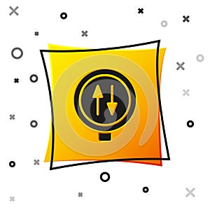 Black Road sign warning two way traffic icon isolated on white background. Yellow square button. Vector