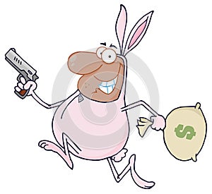 Black robber running in a bunny costume