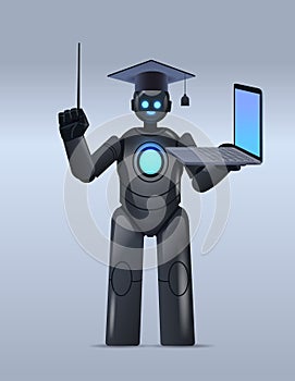 black robot teacher in graduation cap holding laptop online education artificial intelligence concept