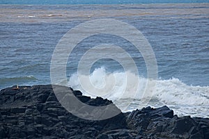 BLACK ROCK WITH WHITE SURF AND LAYER OF DISCOLOURED WATER