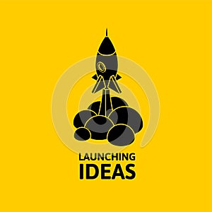 Black rocket and cloud, icon in flat style isolated on yellow background, vector illustration