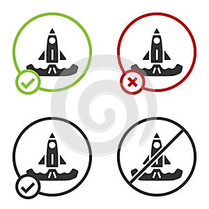 Black Rocket icon isolated on white background. Circle button. Vector