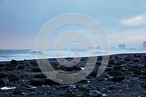 Black Rocks With Smashing Waves In The Background At Reynisfjara Beach In Iceland