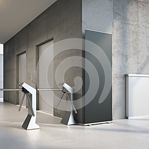 Black rollup banner at the entrance of office building. 3d rendering