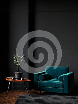 Black room interior with green velour armchair, wood floor, carpet and decor. photo