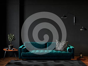 Black room interior with green velour sofa, wood floor, carpet and decor.