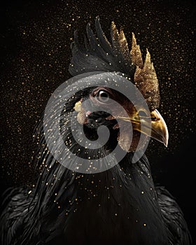 Black rooster with golden sparkles on a dark background.