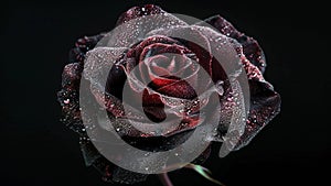 Black Rose in Bloom, Water on Soft Petals