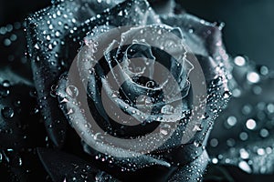 Black rose with drops of water close-up image