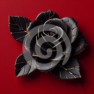 Black rose with gold on a red background