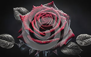 Black rose with water drops on black background