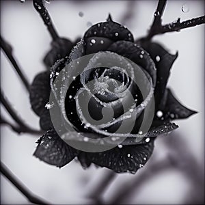 Black rose with water and ice drops on it, in black and white