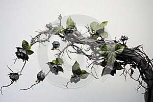 black roses. ivy, vines, thorns green leaves. white background. dry roses. good and evil concept.
