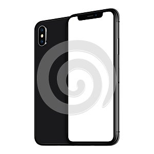 Black rotated smartphones mockup similar to iPhone X front and back sides one behind the other isolated on white background