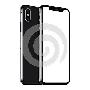 Black rotated smartphones similar to iPhone X mockup front and back sides one above the other isolated on white background