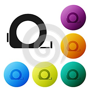 Black Roulette construction icon isolated on white background. Tape measure symbol. Set icons in color circle buttons