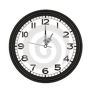 Black round analog wall clock isolated on white background.