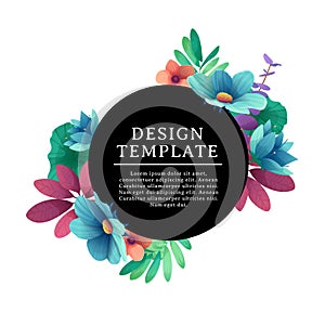 Black round banner with the place for text. Card for individual invitation with flower and herb. Promotion poster with