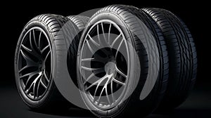 Black round car tires on alloy wheels on a black background. AI generated