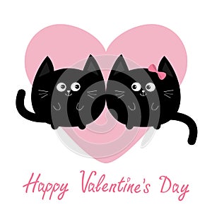 Black round Cat couple family icon. Pink heart. Cute funny cartoon character. Happy Valentines day Greeting card. Kitty Whisker