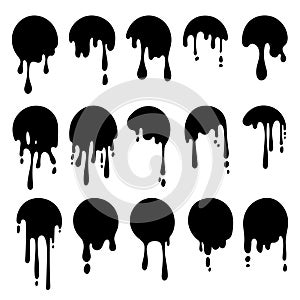 Black round dripping ink. Melt drip circle logo, oil messy stains. Liquid chocolate or caramel, graffiti style paint