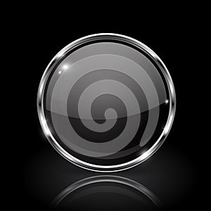 Black round glass button. 3d icon with metal frame