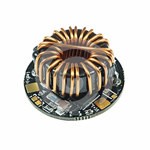 Black round led driver PCB board with inductance coil and surface mount components