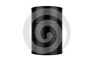 Black round metal barrel on white background isolated close up, oil drum, steel keg, tin canister, aluminium cask, petrol storage