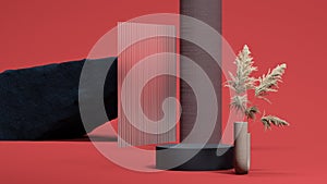 Black round podium display pampas grass in vase, glass and stone on red background. Copy space. 3d rendering.