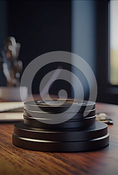 Black round podium on wooden table in dark room.