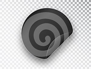 Black round sticker. Realistic circle adhesive sticker, tags with peeling corners. Vector blank price tag template with
