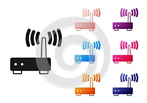 Black Router and wi-fi signal icon isolated on white background. Wireless ethernet modem router. Computer technology