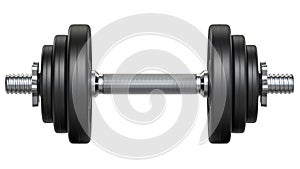 Black rubber metal Dumbbell orthogonal front view. 3d rendering illustration isolated on white background. Gym, fitness