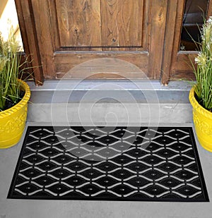 Black Rubber Scraper Floor Mat Indoor Outdoor door mat with yellow flowers and leaves