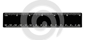 Black ruler isolated, inches, centimeters, milimeters, imperial and metric distance length units, cm and mm marks, detailed macro photo