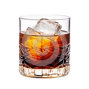 A Black Russian cocktail in crystal-clear glass sits against a white background